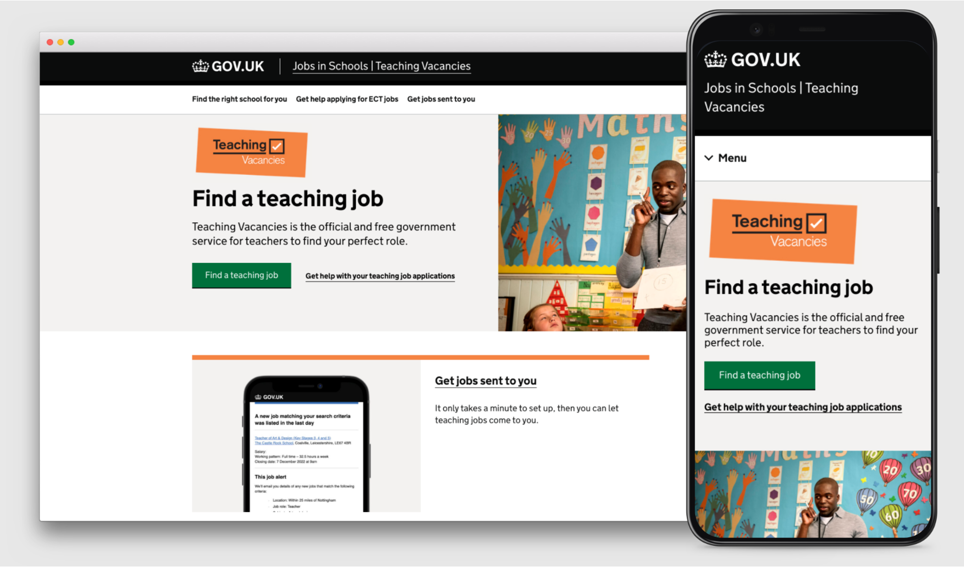 A desktop and mobile mockup of the homepage of the campaign site we built to help trainee teachers find their first job.